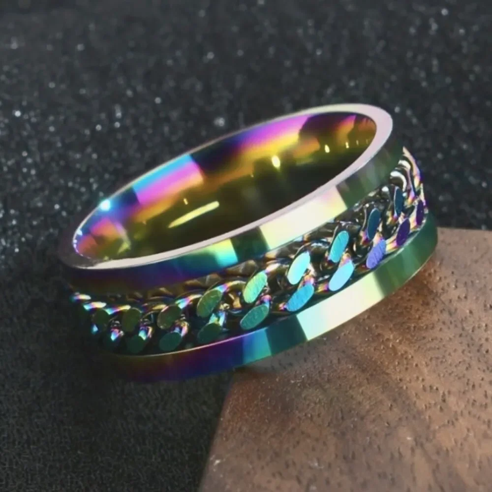 Men / Women / Unisex SPINNER Titanium Polished Rainbow Silver Ring Rainbow Chain